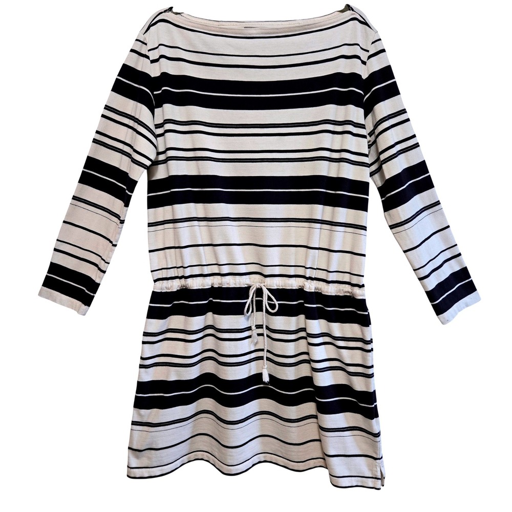 Ralph Lauren Womens Cotton Striped Boat Neck Drawstring Waist Dress Navy White L